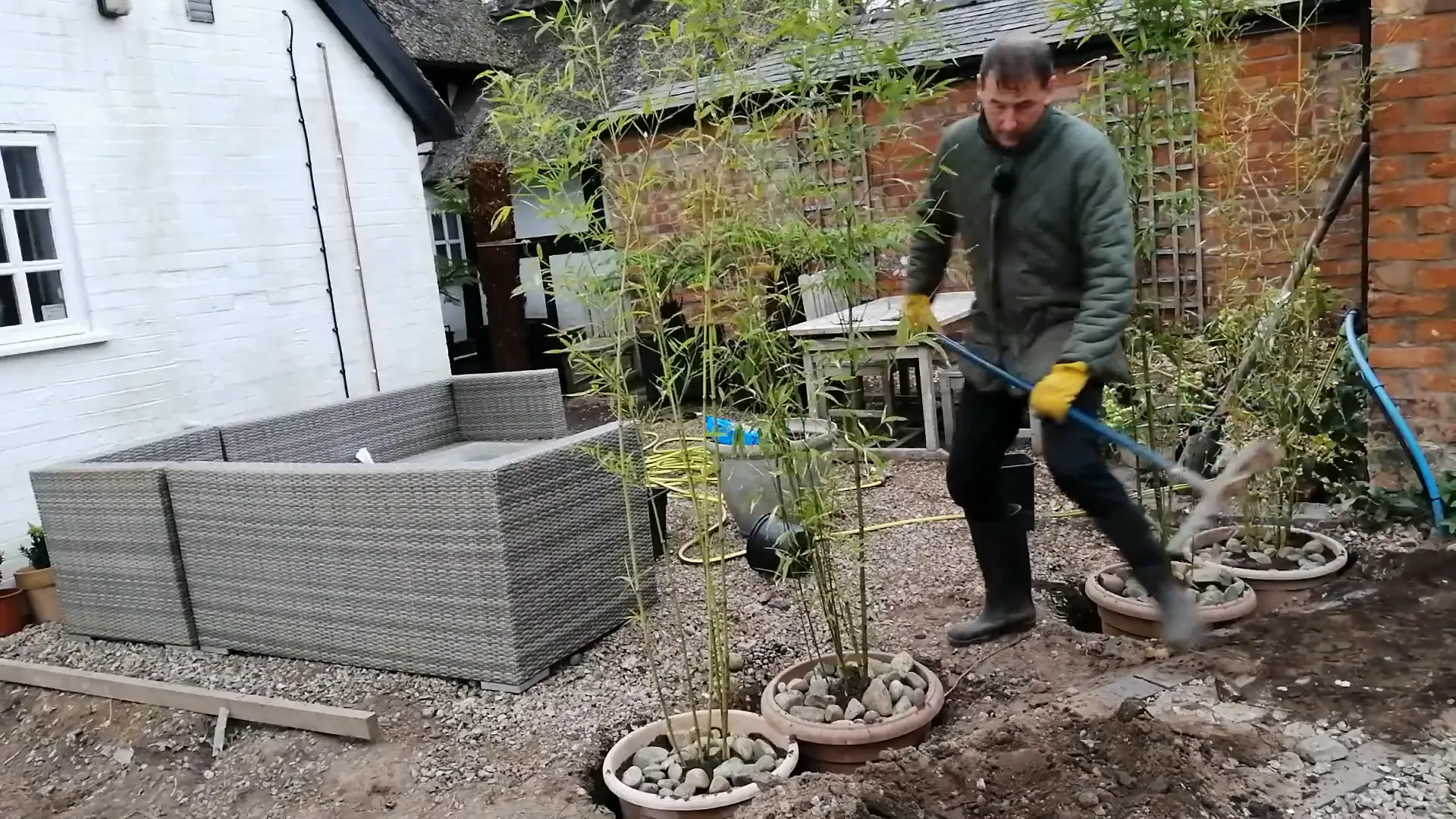 Backfilling the holes after planting bamboo